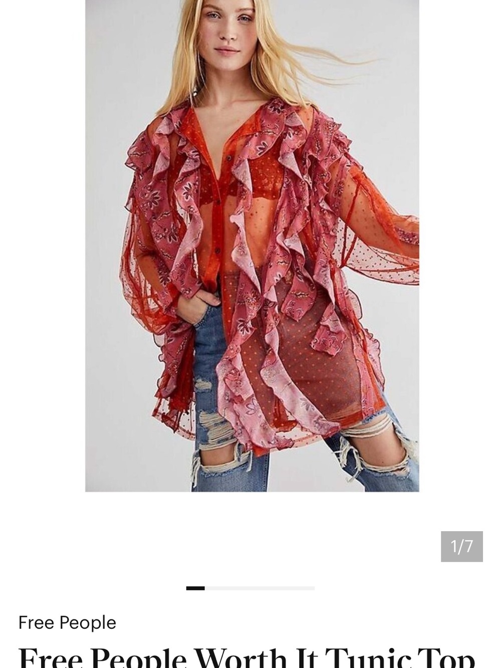 Free People Worth It Pink Orange Sheer Ruffle Floral Button Blouse Boho Fairy - Picture 2 of 14